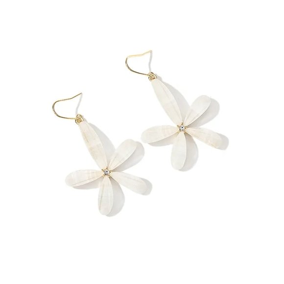 Coquette Ivory Acrylic & CZ Diamond Floral Flower Shimmer Dangle Earrings NEW - Picture 3 of 6